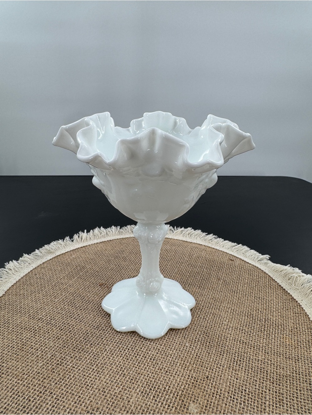 Fenton White Milk Glass Ruffled Pedestal Compote Bowl Cottagecore Victorian